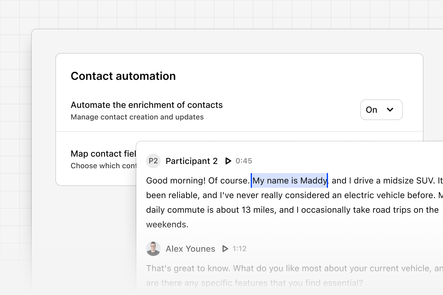 Contact automation settings for creating contacts from transcripts