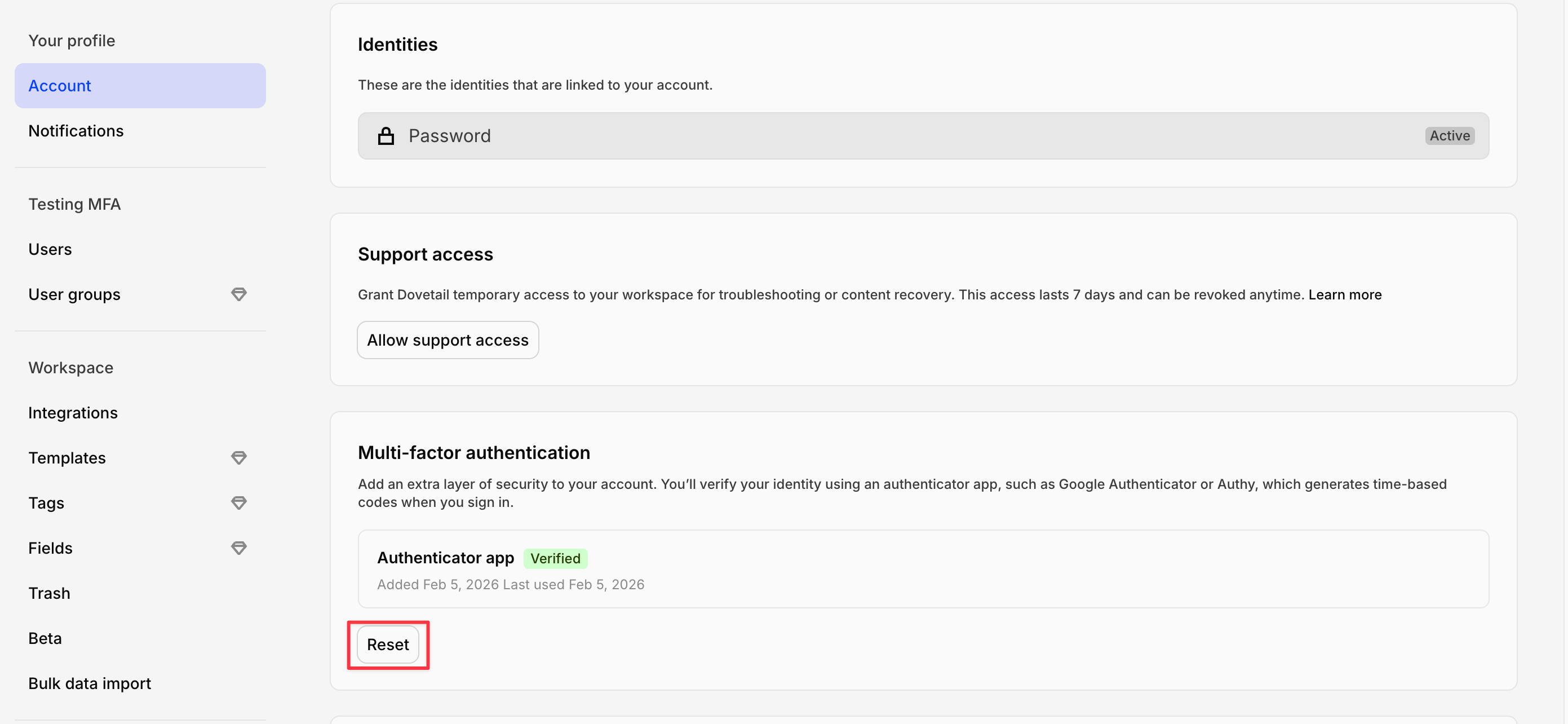 Resetting a verified authenticator app in Multi-factor authentication settings