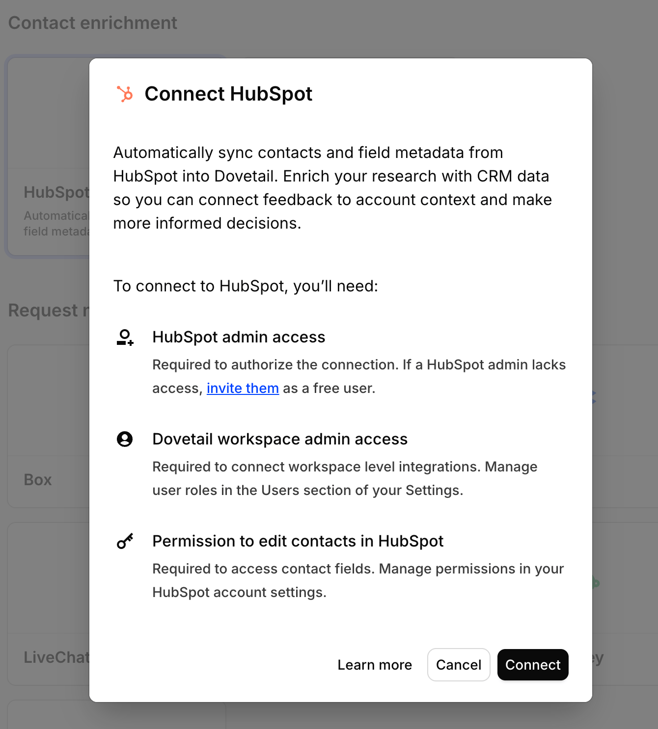 The HubSpot card under Contact enrichment in Settings