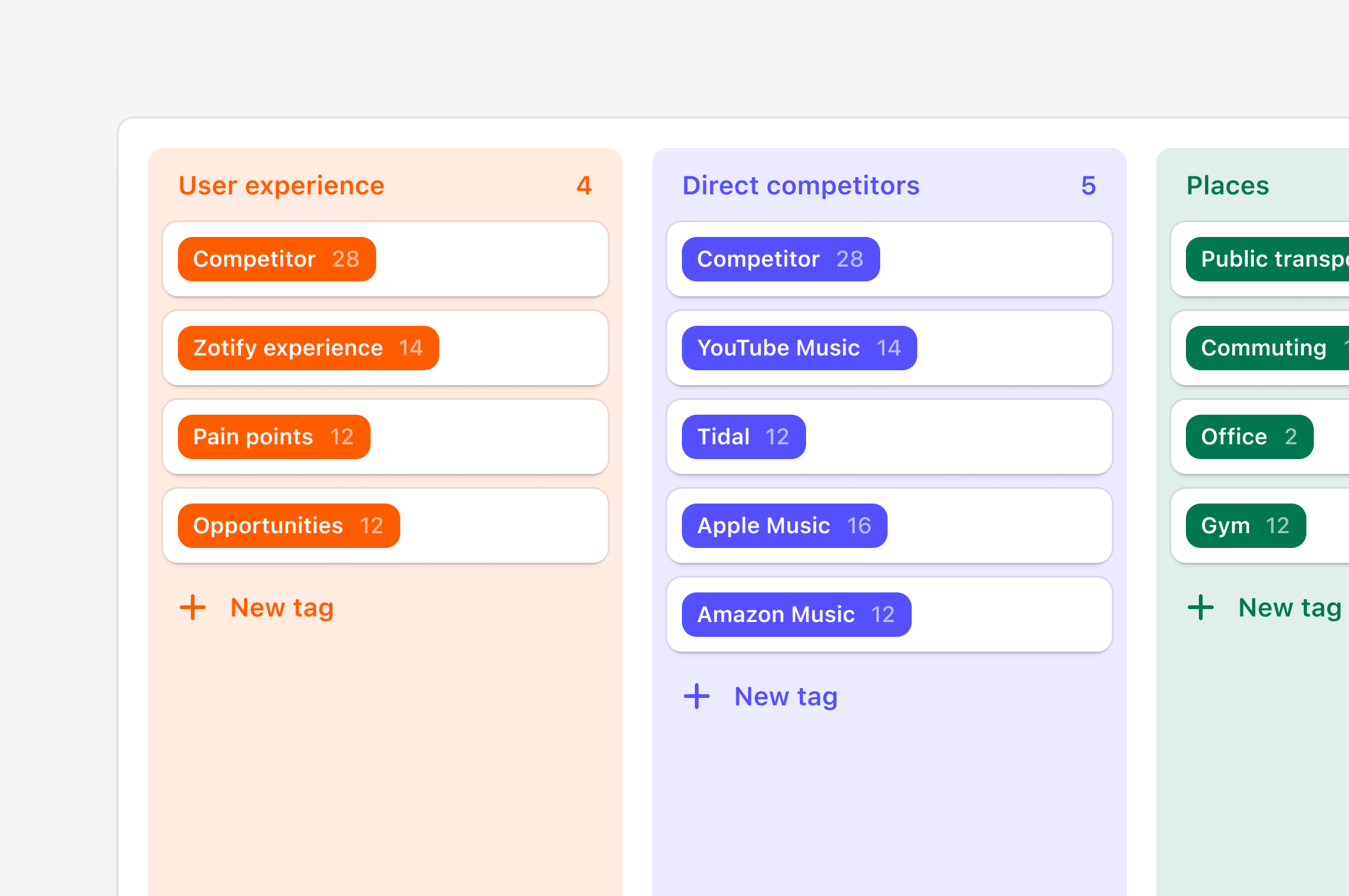 A project’s tag board with tags organized into color-coded groups