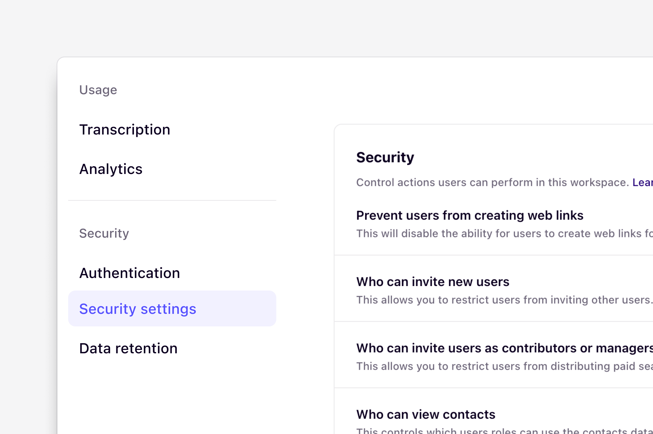 Security settings controlling web links, invites, and paid seats