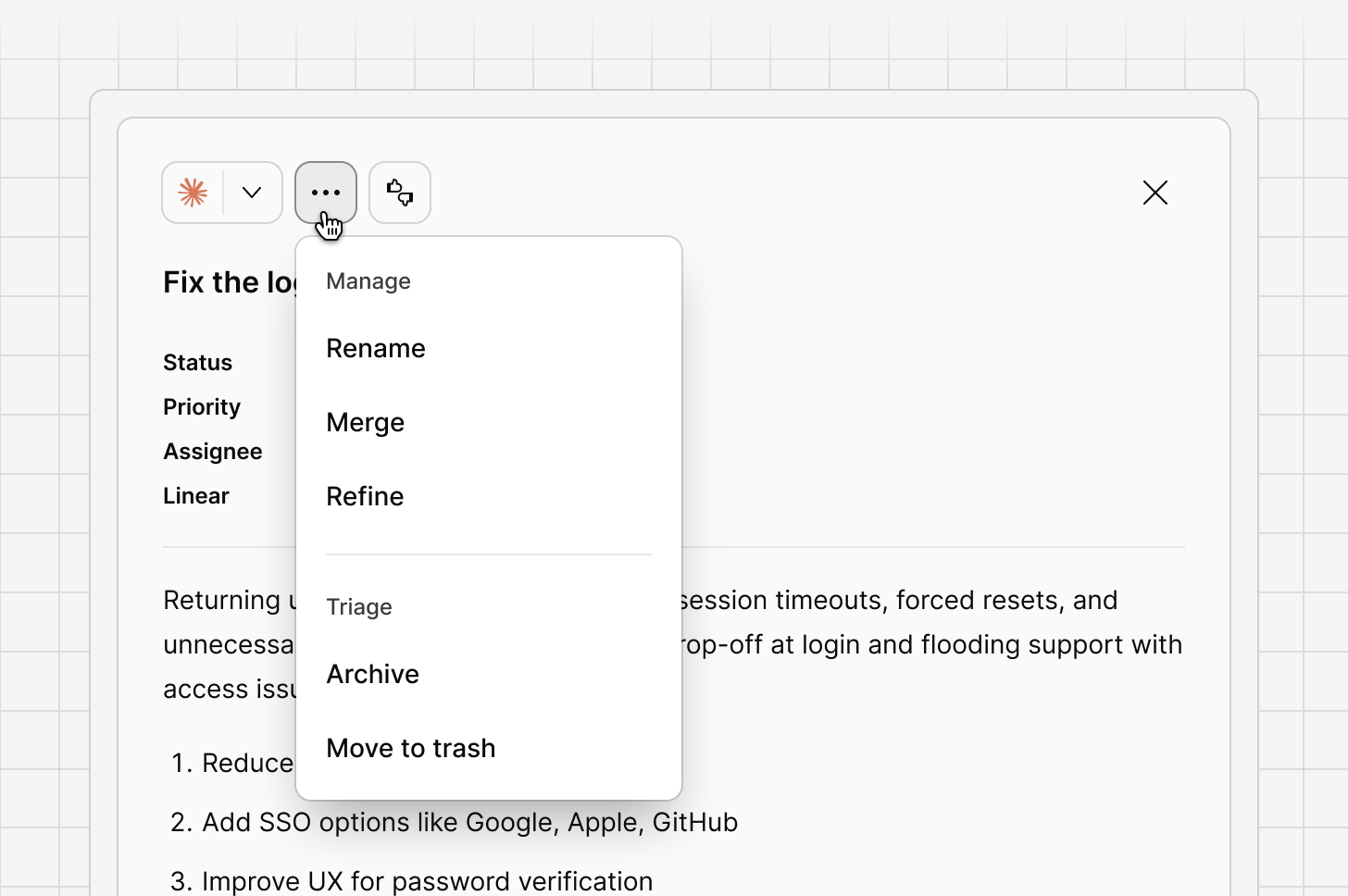 The rename, merge, and archive options on an idea