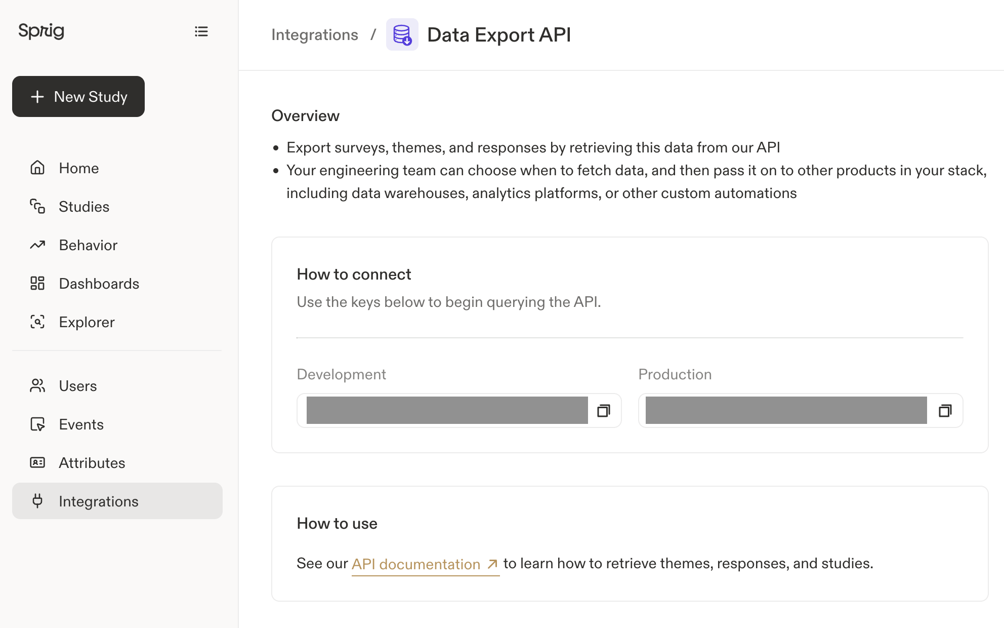 Copying an API key from Sprig settings