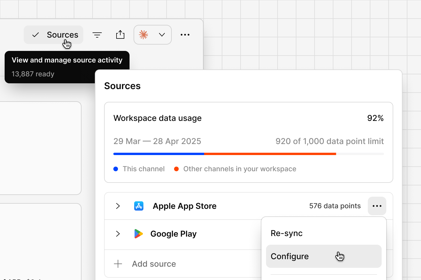The Sources dialog listing each connected source and its last sync