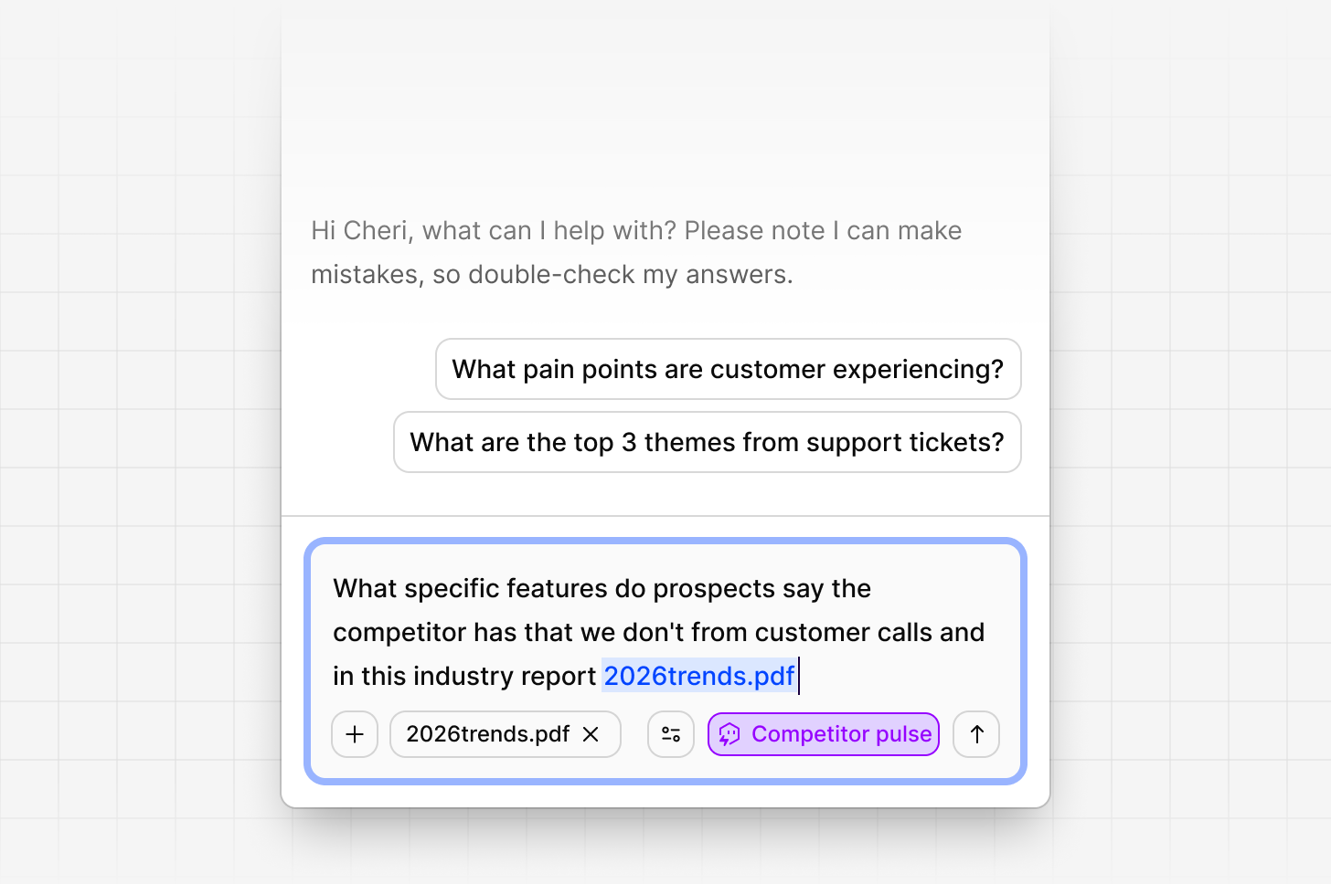 A Competitor pulse twin citing a customer call and an industry report to explain why prospects choose a competitor