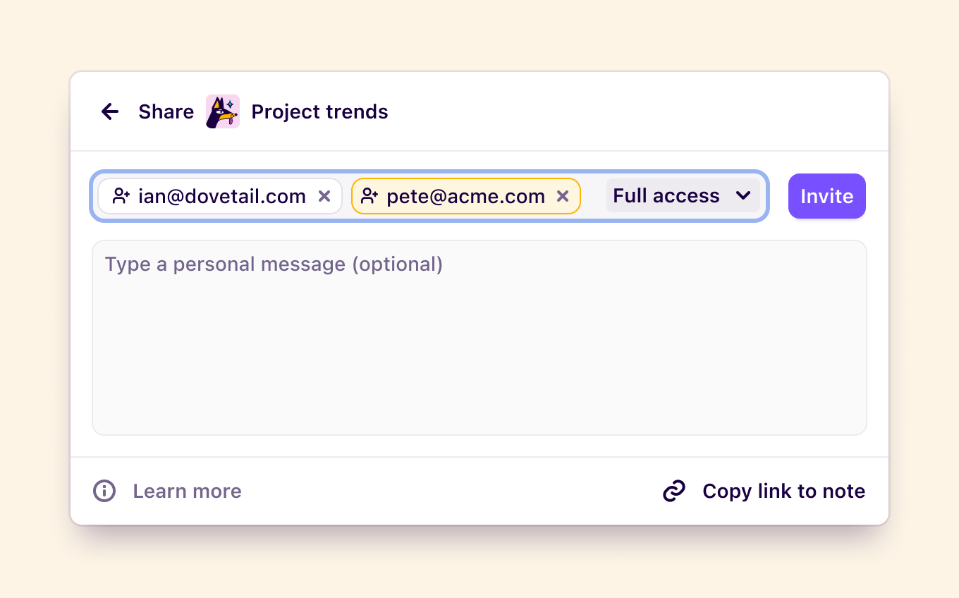 Inviting a new user by email from the share menu