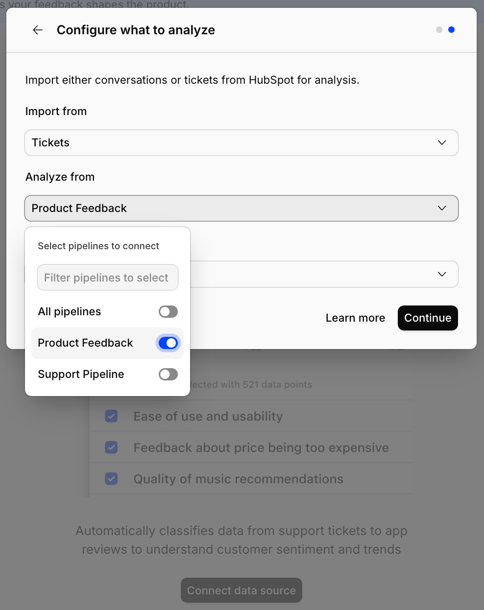 Configuring what to analyze and how far back to import from HubSpot