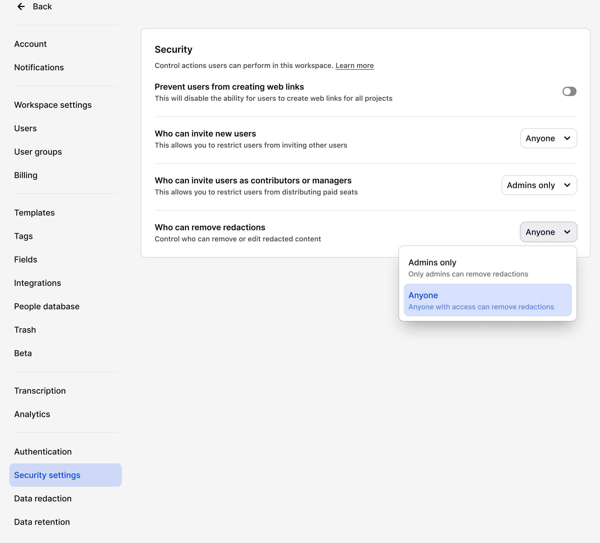 Security settings restricting who can remove redactions