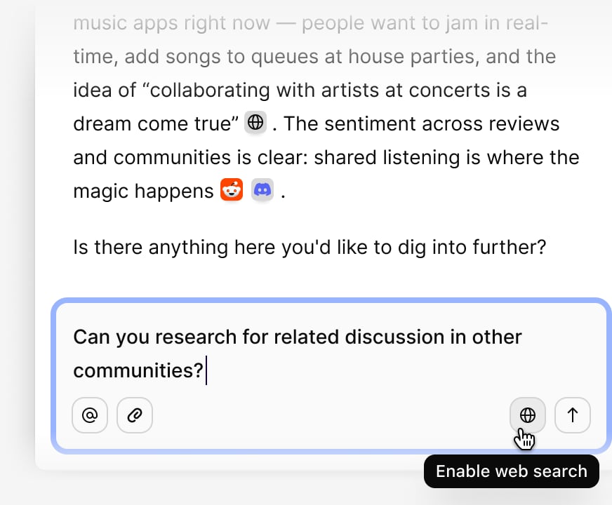 A Chat answer drawing on web search alongside workspace data
