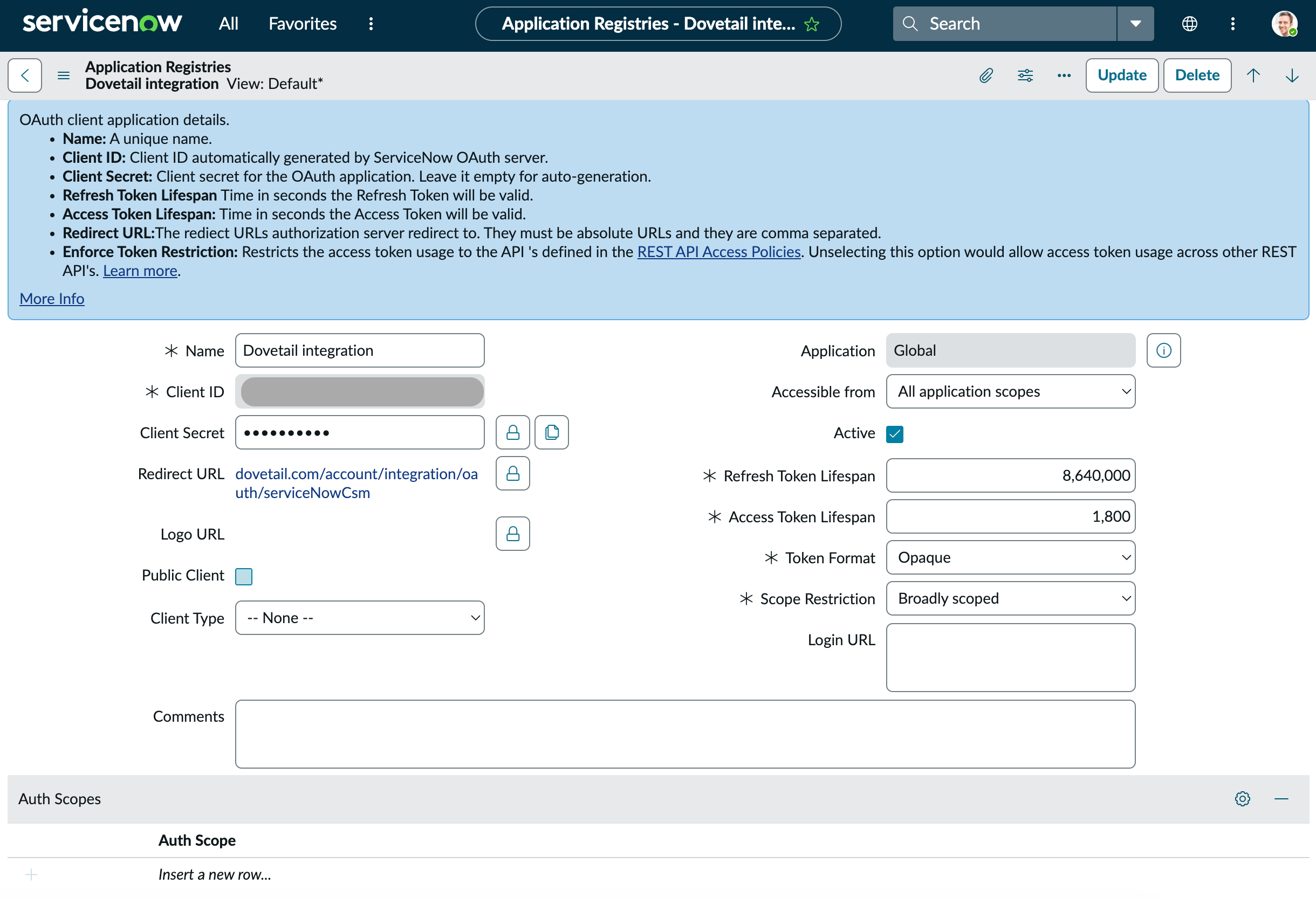 Setting the redirect URL and broadly scoped restriction in ServiceNow