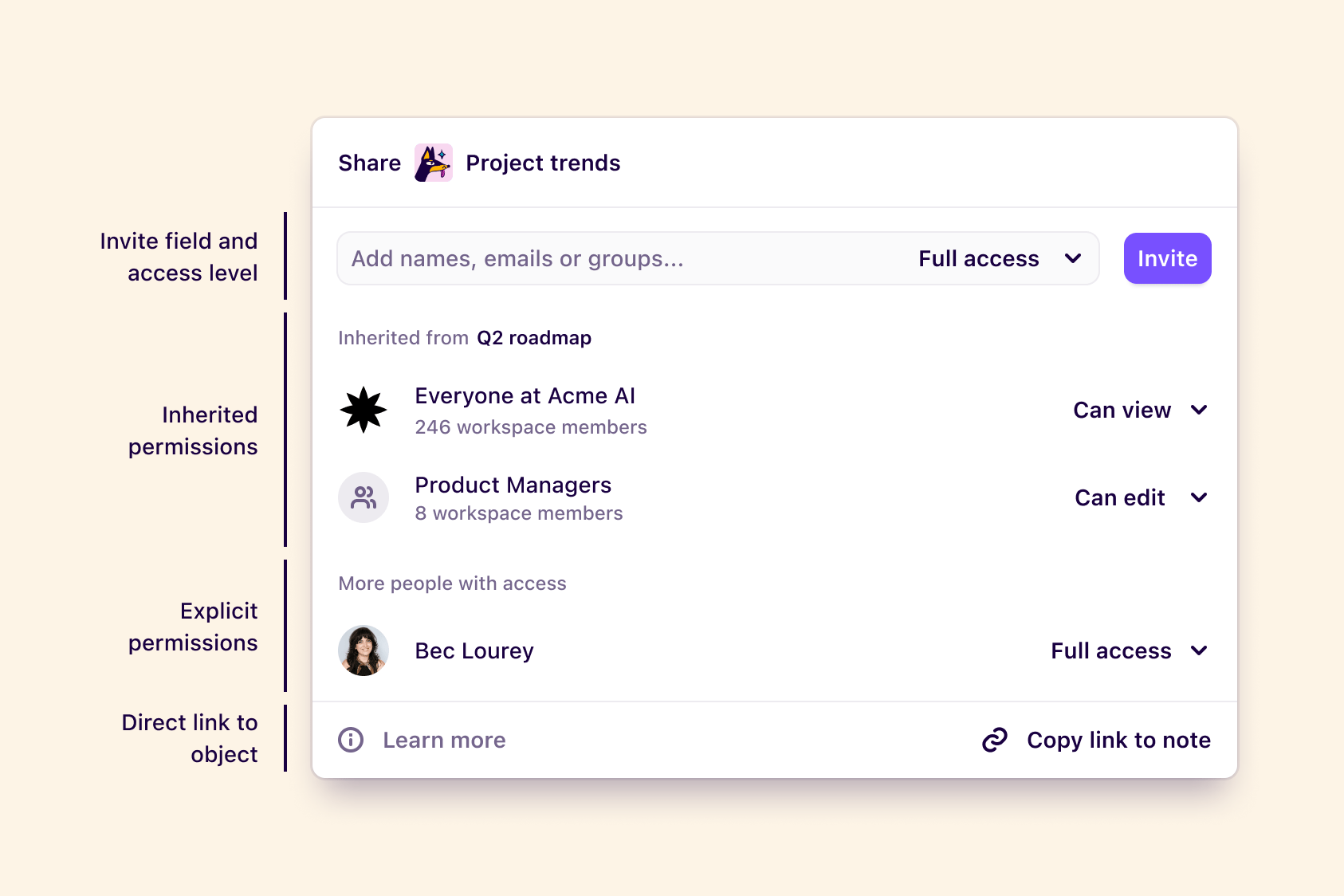 The share menu showing inherited and explicit permissions