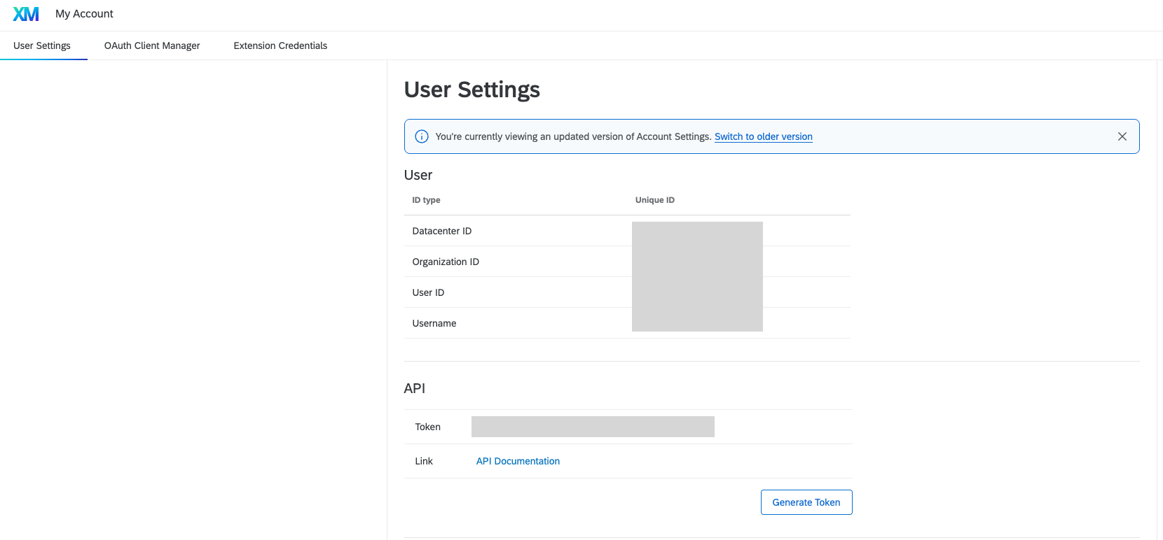 Generating an API key in Qualtrics account settings