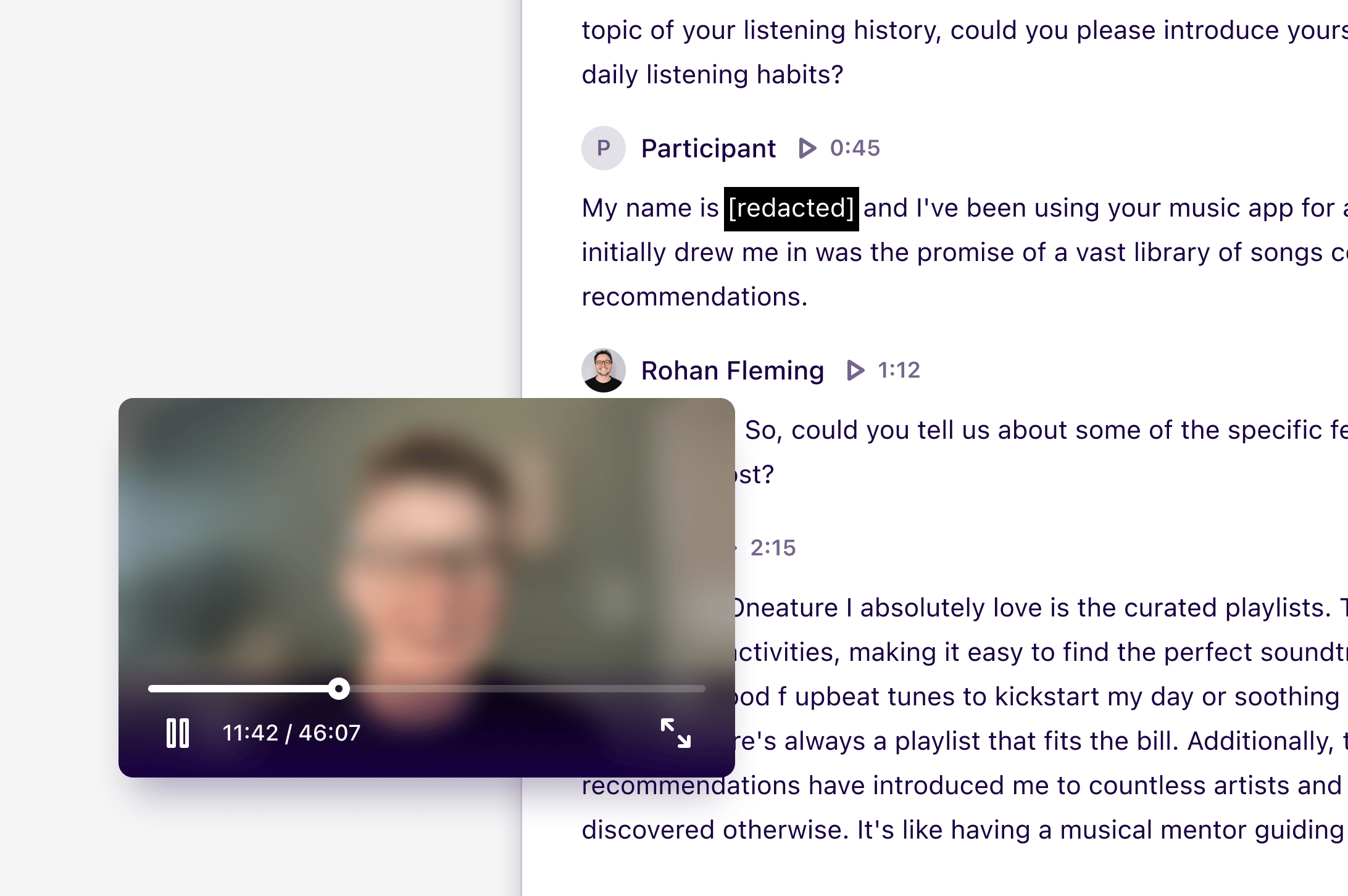 A redacted section of a video transcript with the video blurred