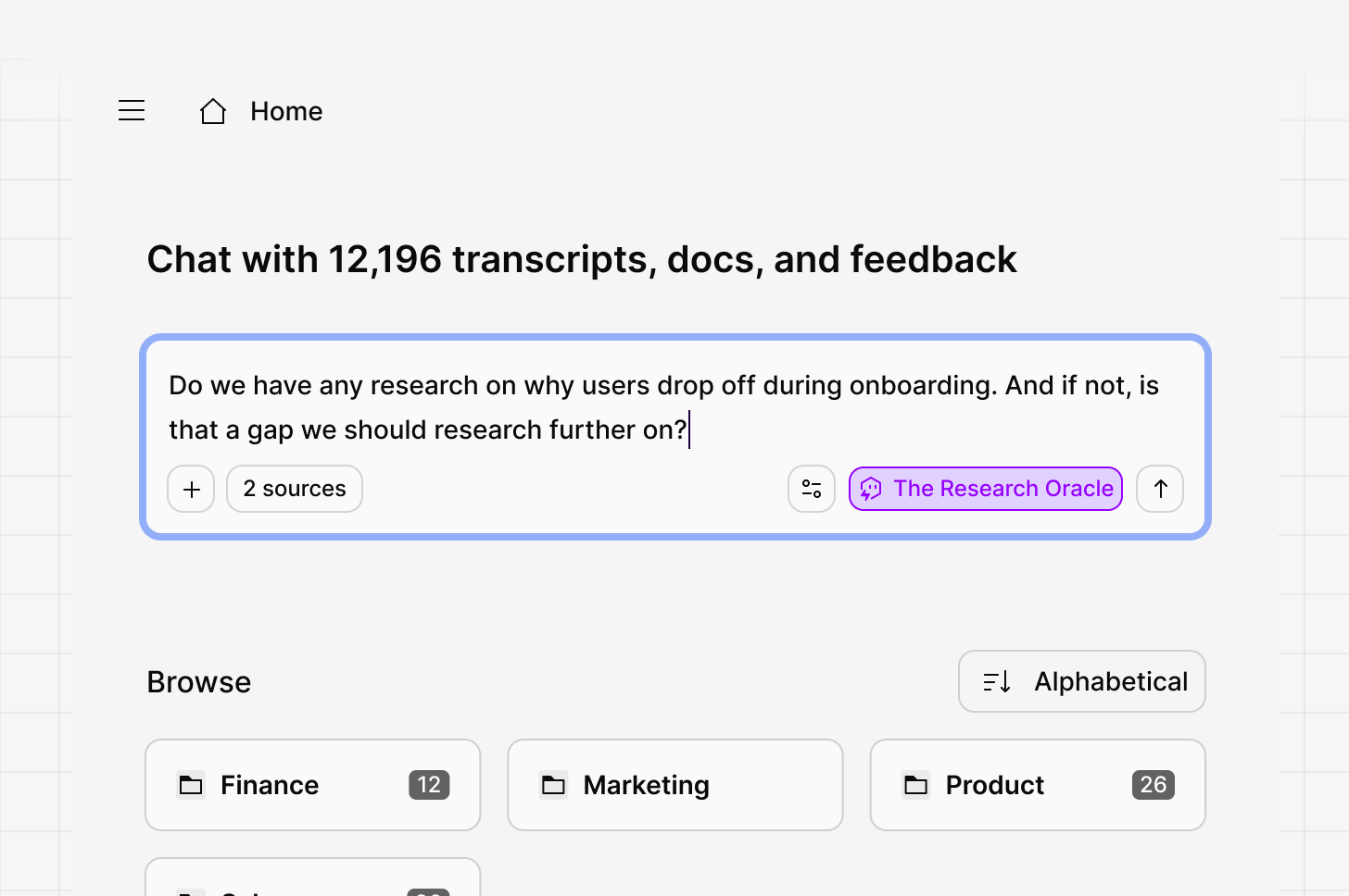 A stakeholder asking a Digital Twin whether onboarding drop-off has already been researched, with cited sources