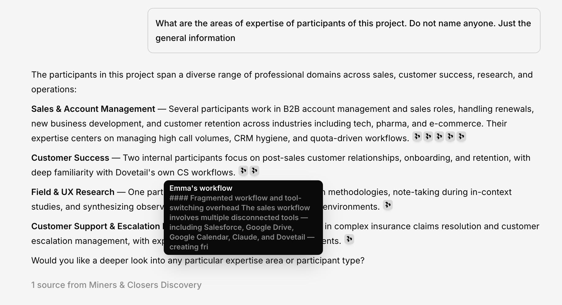 Every AI answer in OCSEE links to the specific source highlights it drew from—hover to see the verbatim evidence