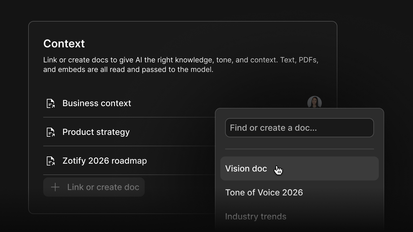 Linking docs like business context, product strategy, and tone of voice gives OCSEE’s AI the grounding it needs to answer on-brand