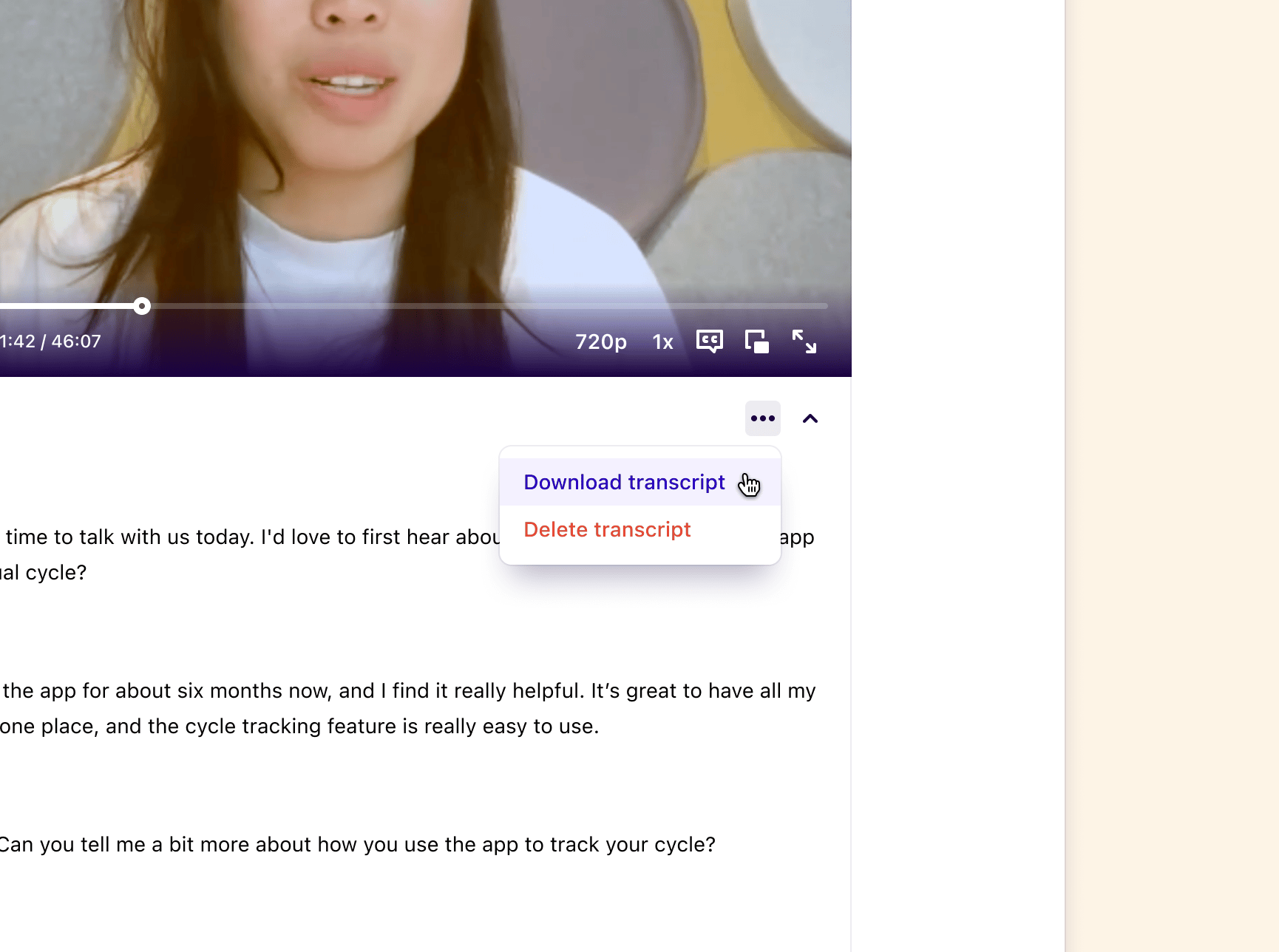 Selecting Download transcript from the transcript options menu