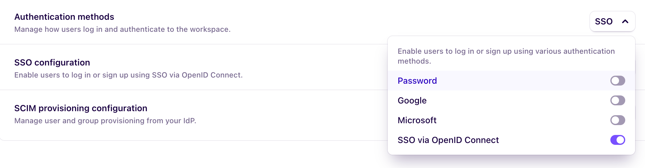Authentication connections showing password, Google, Microsoft, and SSO