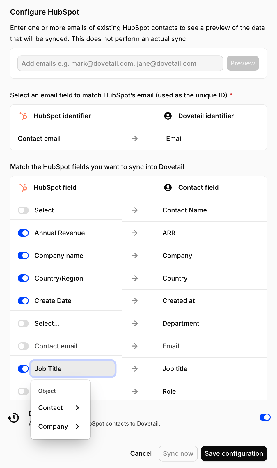 Mapping HubSpot contact and company properties to OCSEE contact fields