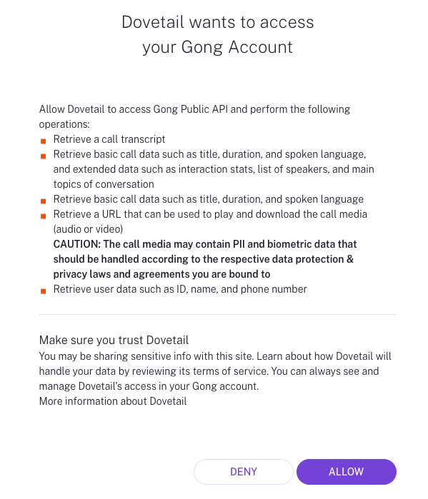 Gong’s authorization page listing the read-only permissions OCSEE requests