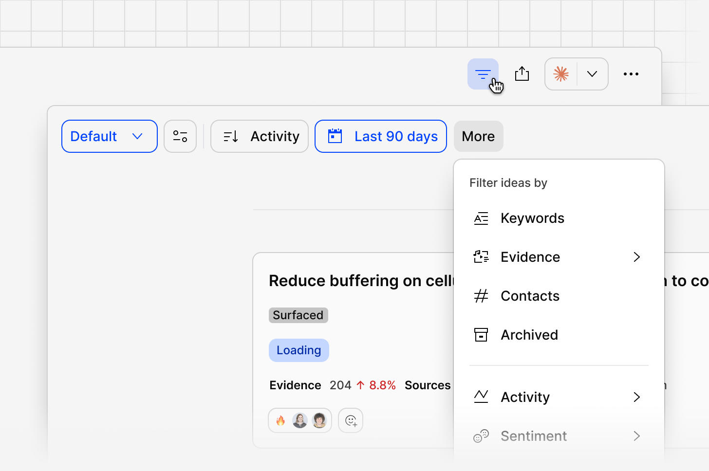 Stacked filters narrowing the Ideas feed by entity and intent