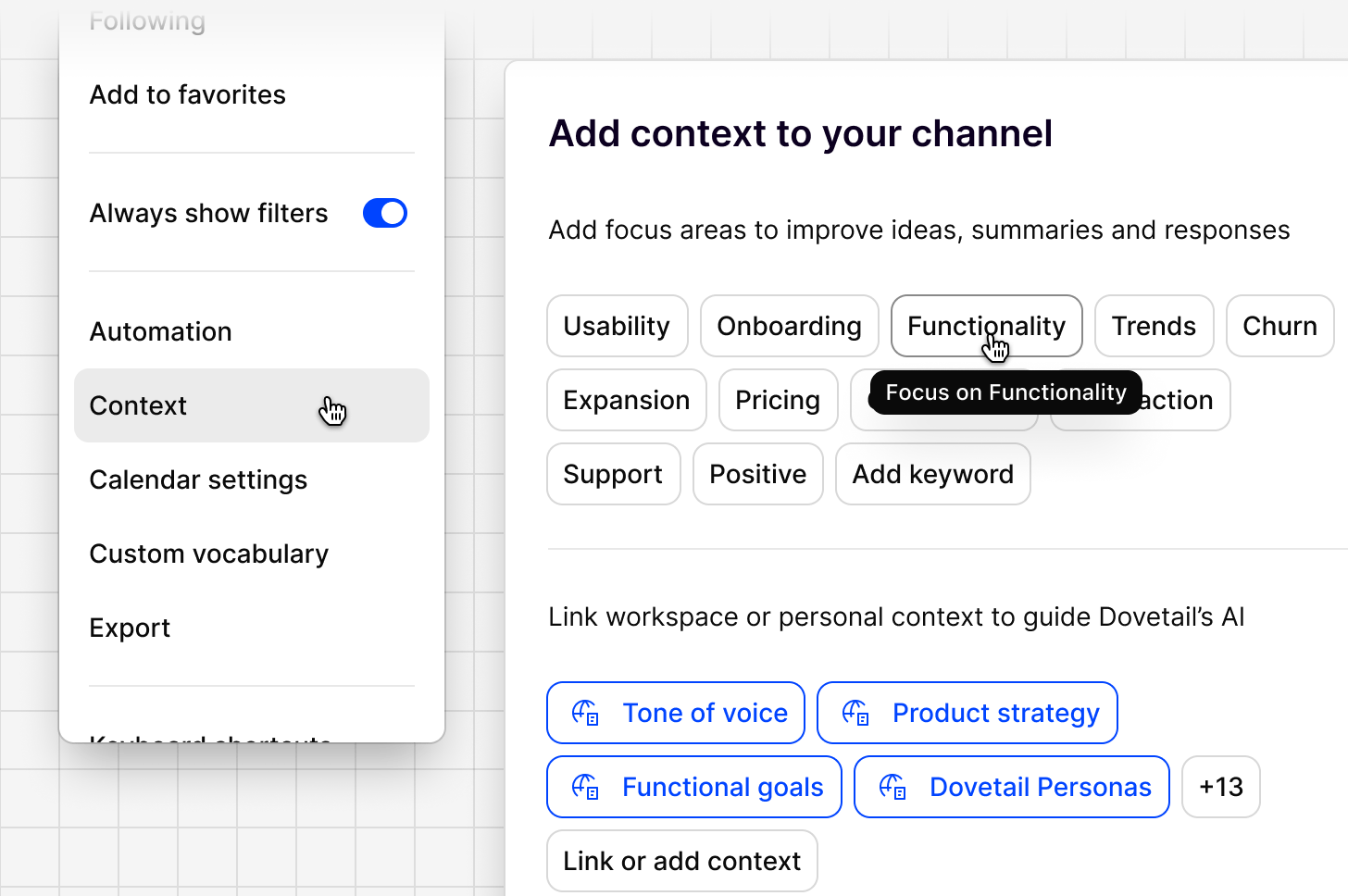Setting focus area keywords and linked context docs for a channel
