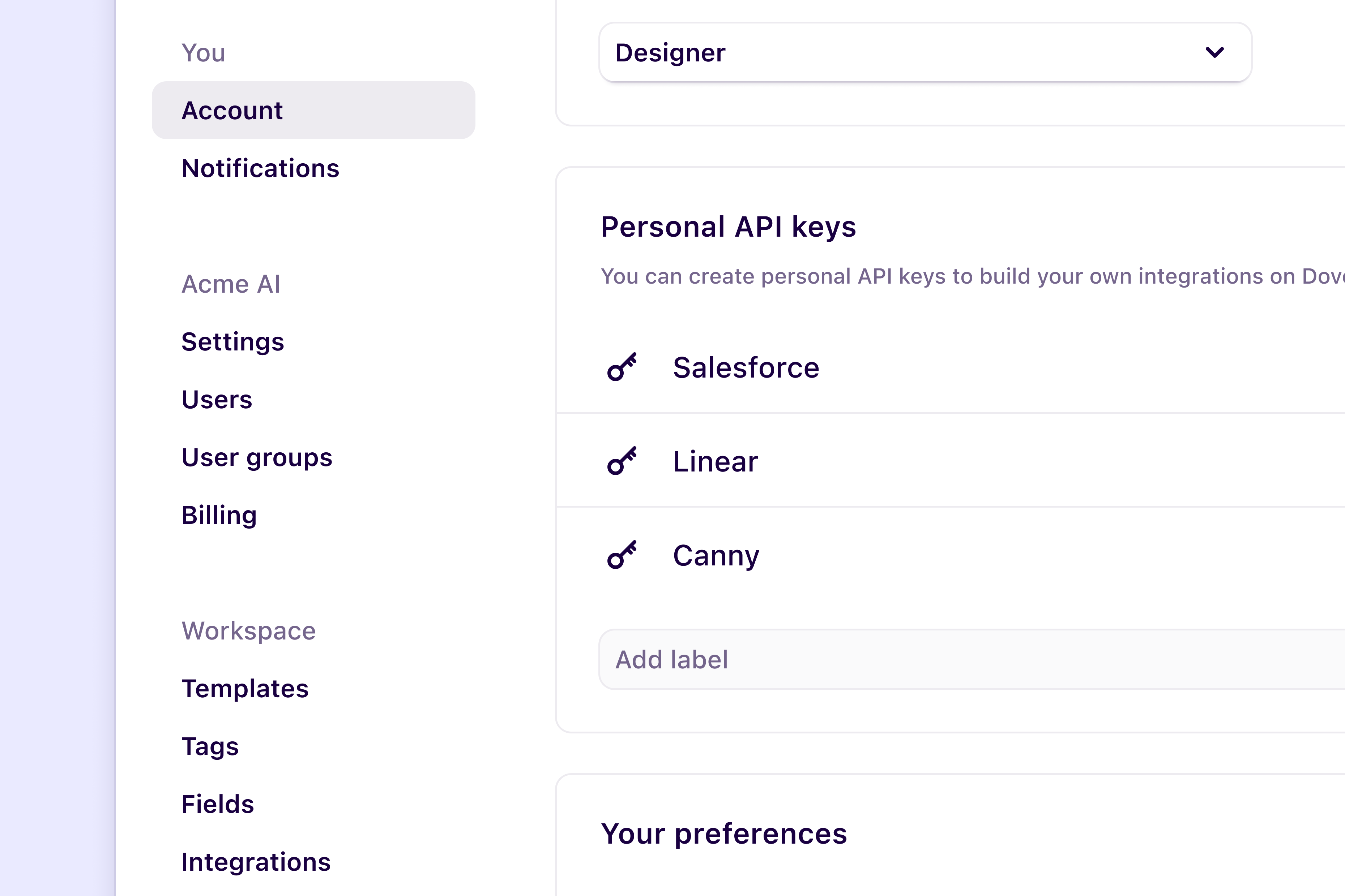 Generating a personal API key in Settings, Account