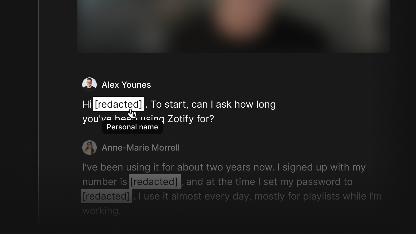 AI redaction masks personal names and other sensitive details directly in a Chat conversation, tagging what it caught along the way