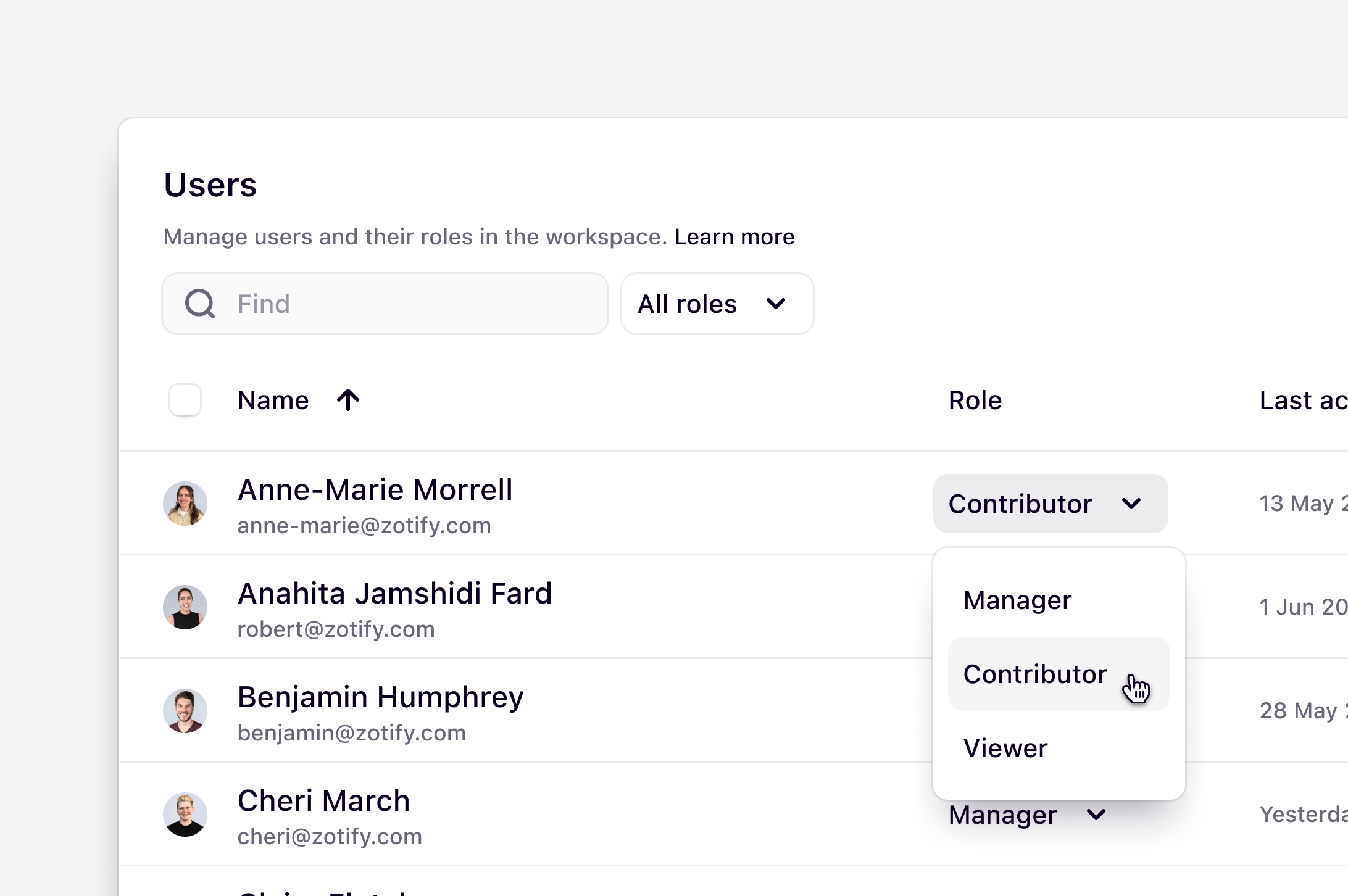 The workspace users list showing each person’s role and access