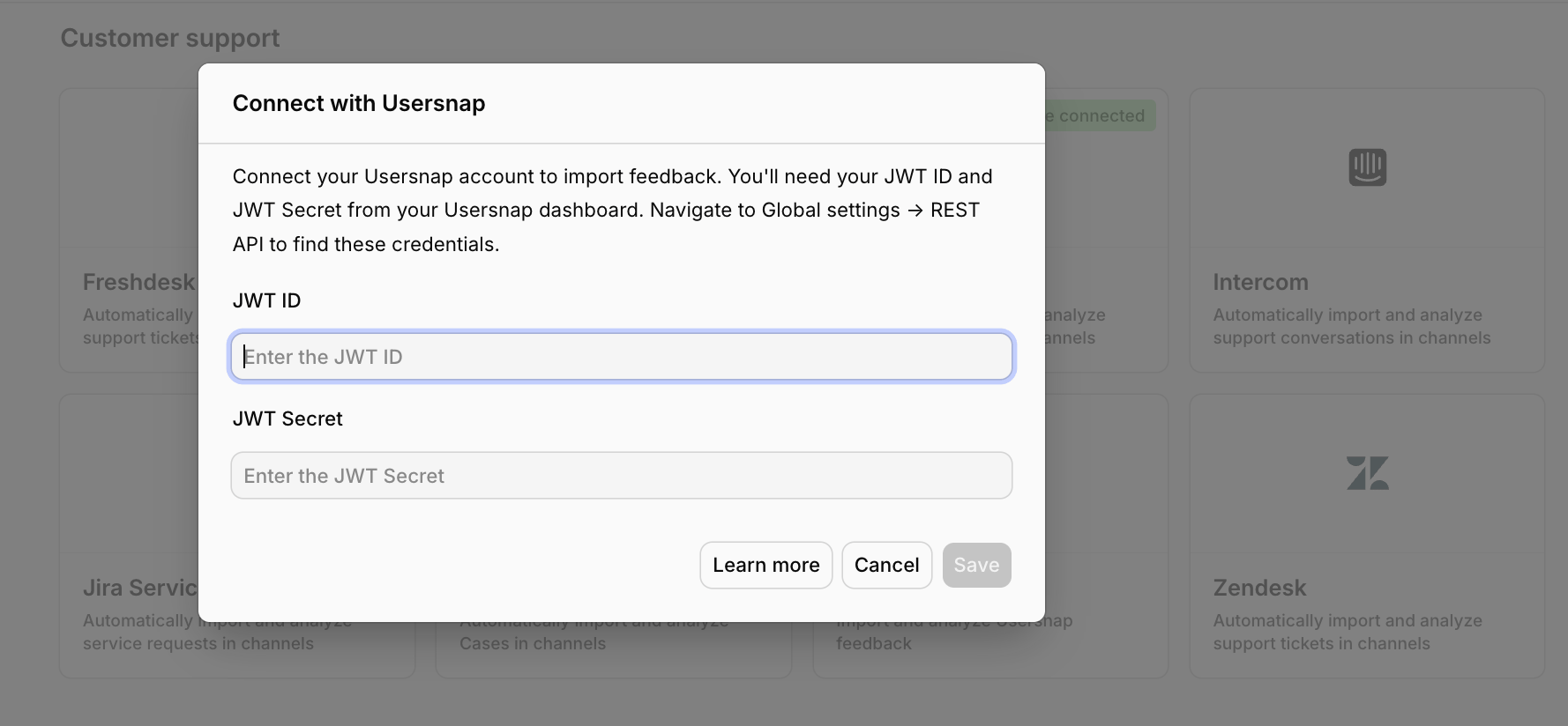 The Connect data source modal with Usersnap selected