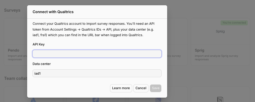 The Connect data source modal with Qualtrics selected