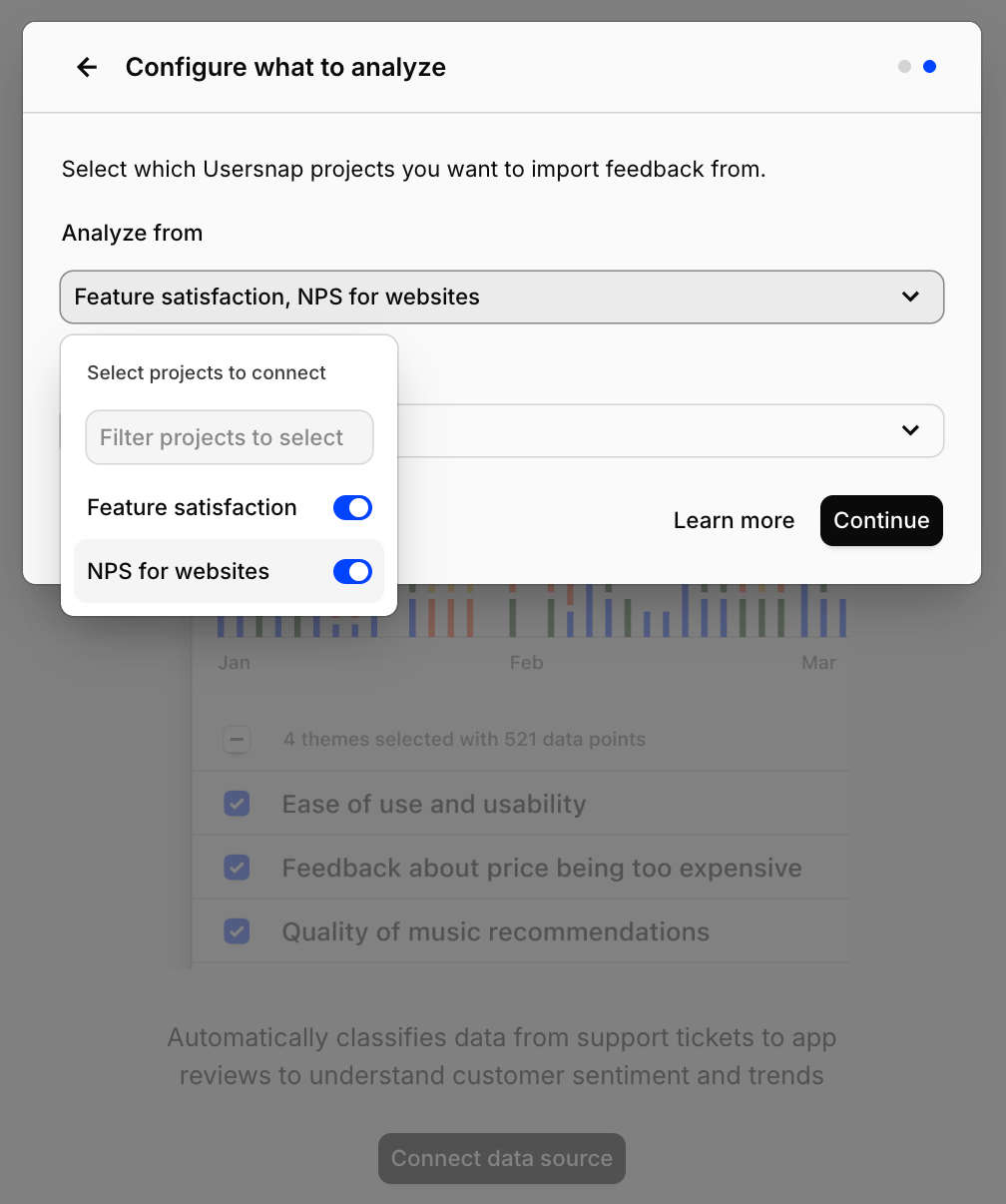 Choosing a Usersnap project and backfill window to import feedback