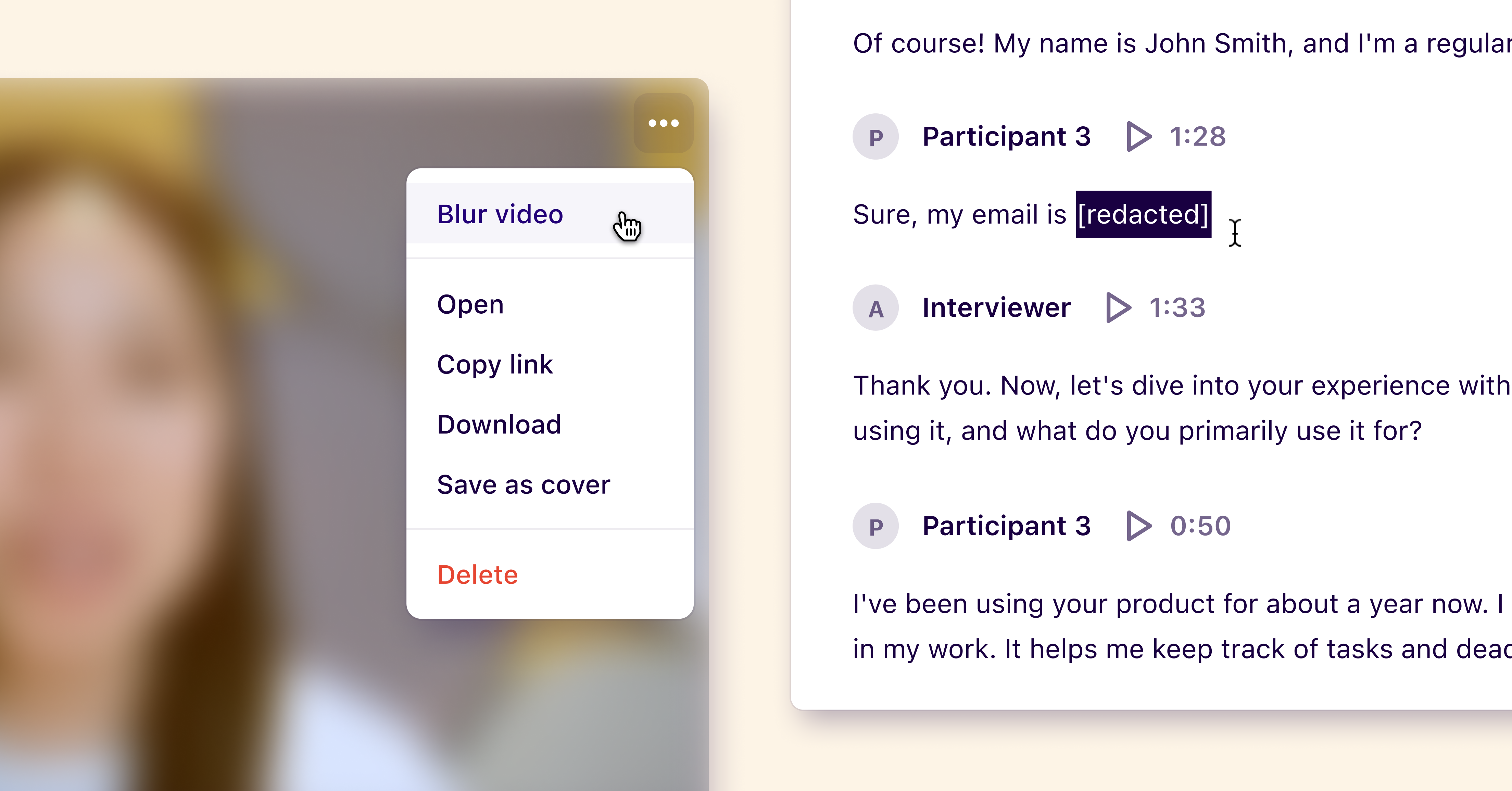 OCSEE AI redaction—video, audio, and transcript content flagged for review before findings are shared across the organization