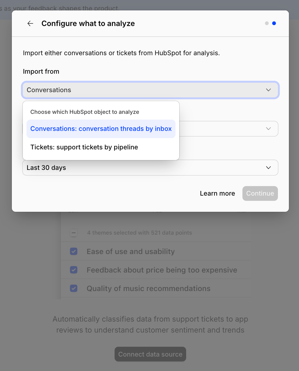 Choosing which HubSpot object to import into the Channel