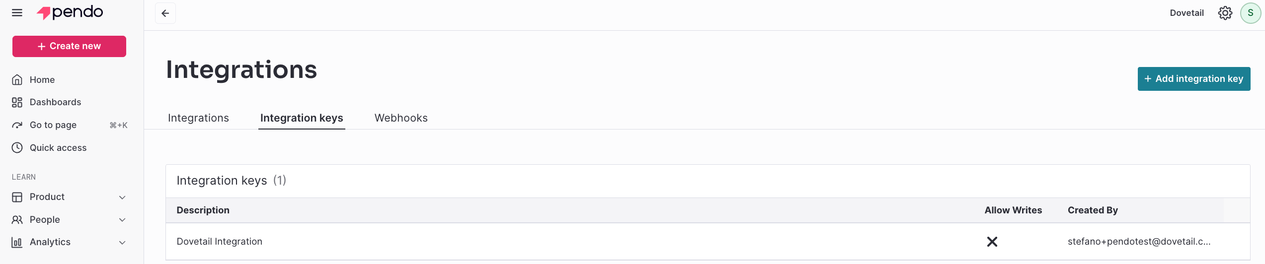 Generating an integration key in Pendo settings