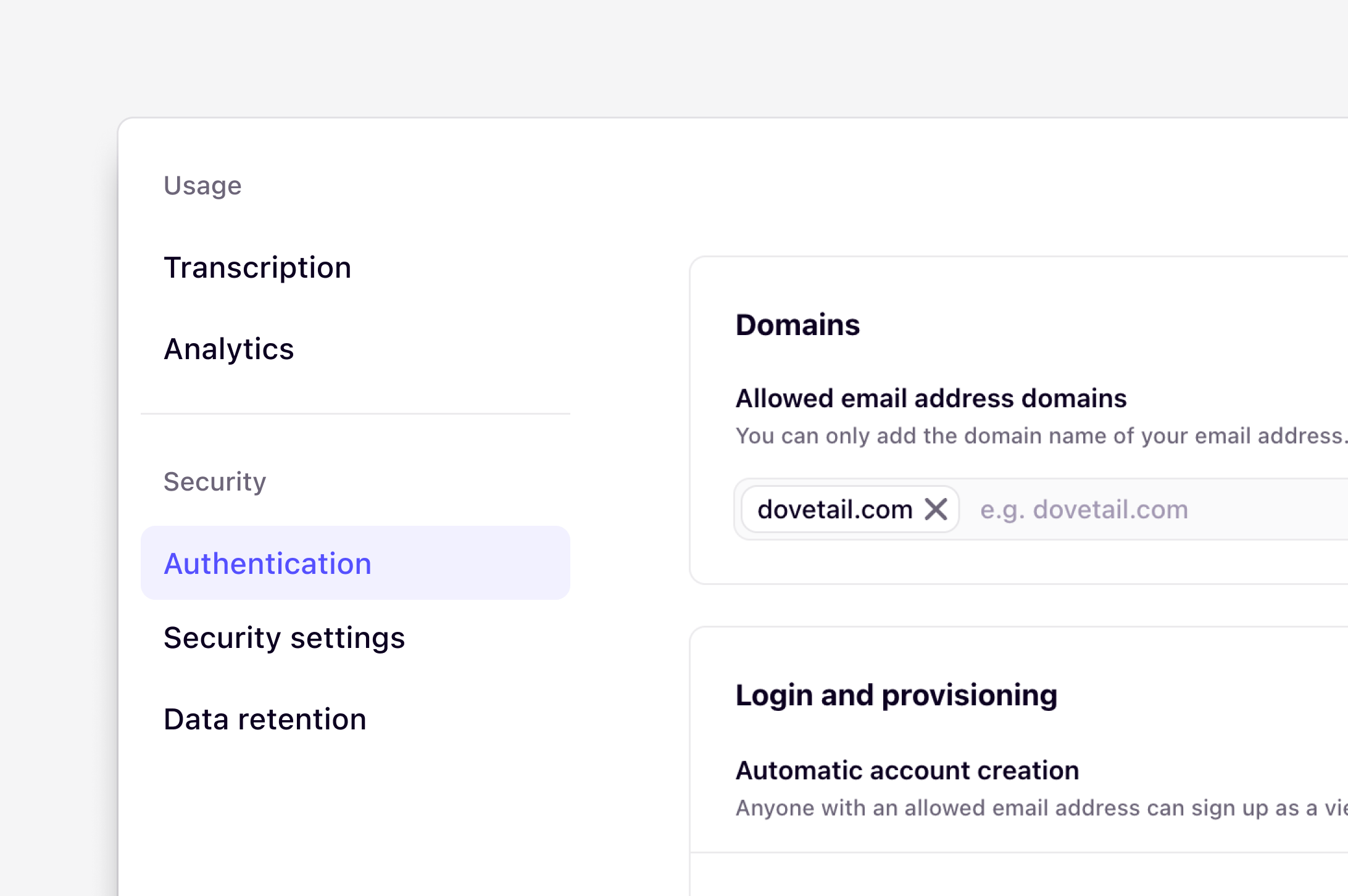 Authentication settings for allowed domains and login methods