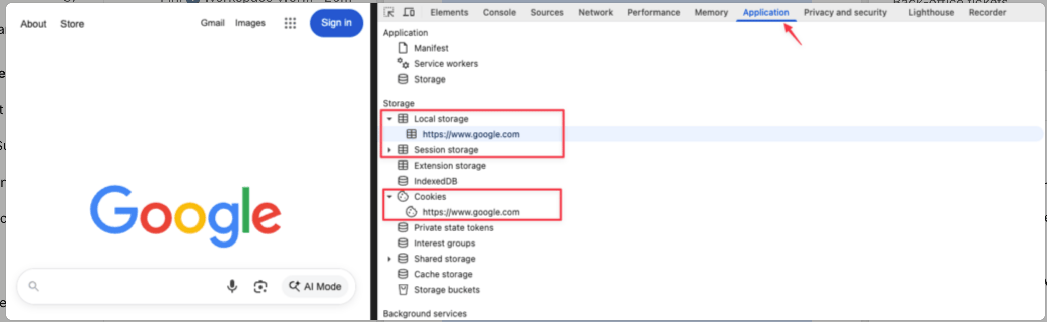 The browser Application tab showing Local Storage, Session Storage, and Cookies