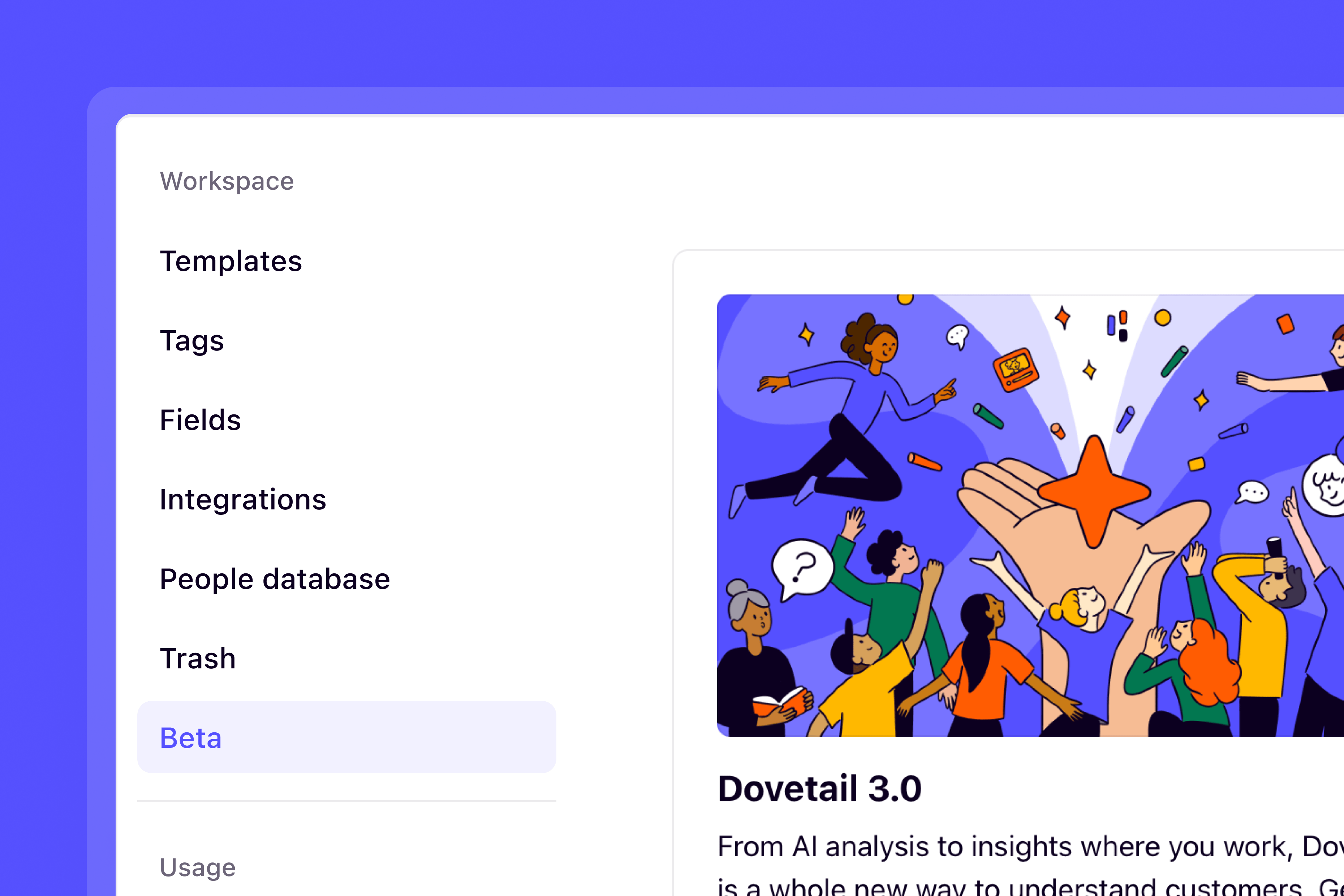 Beta settings with toggles for features available to the workspace