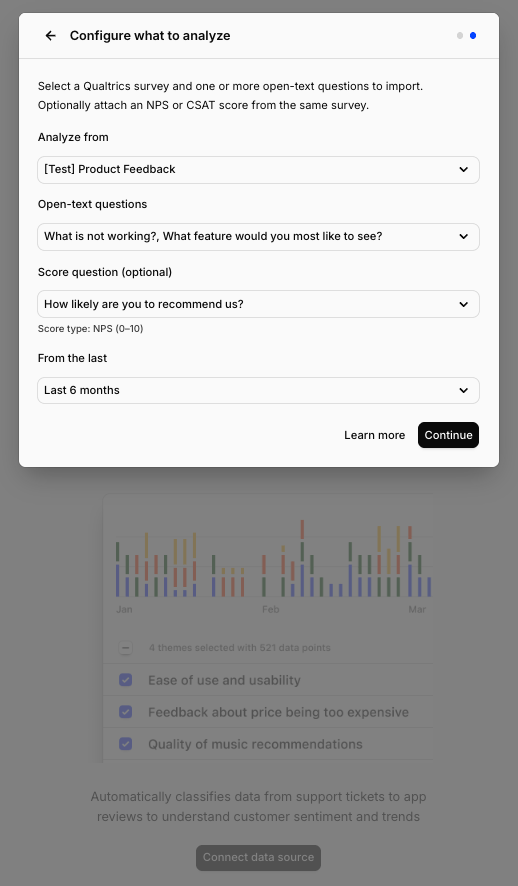Choosing which Qualtrics surveys and time period to import