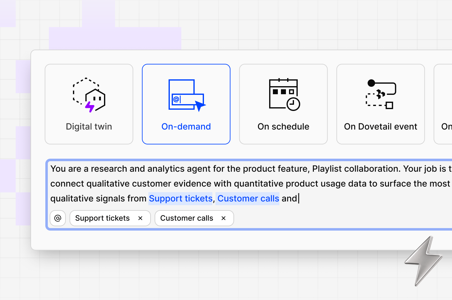 An agent’s configuration, showing its trigger, instructions, skills, and tools
