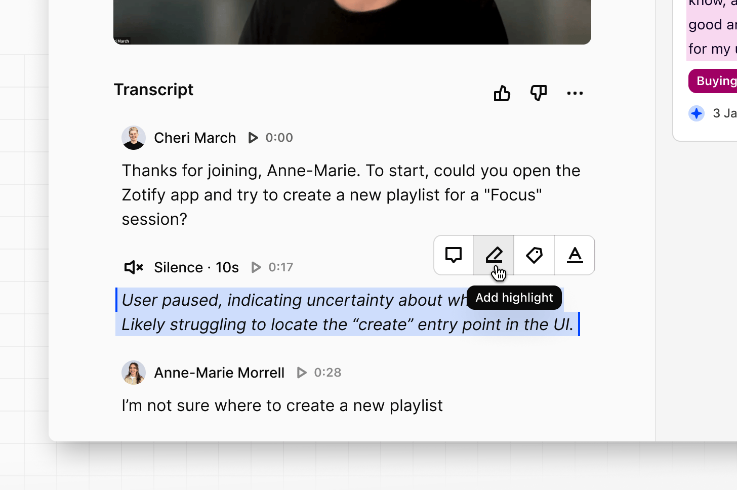 A silence detected in a recording and captured as a highlight