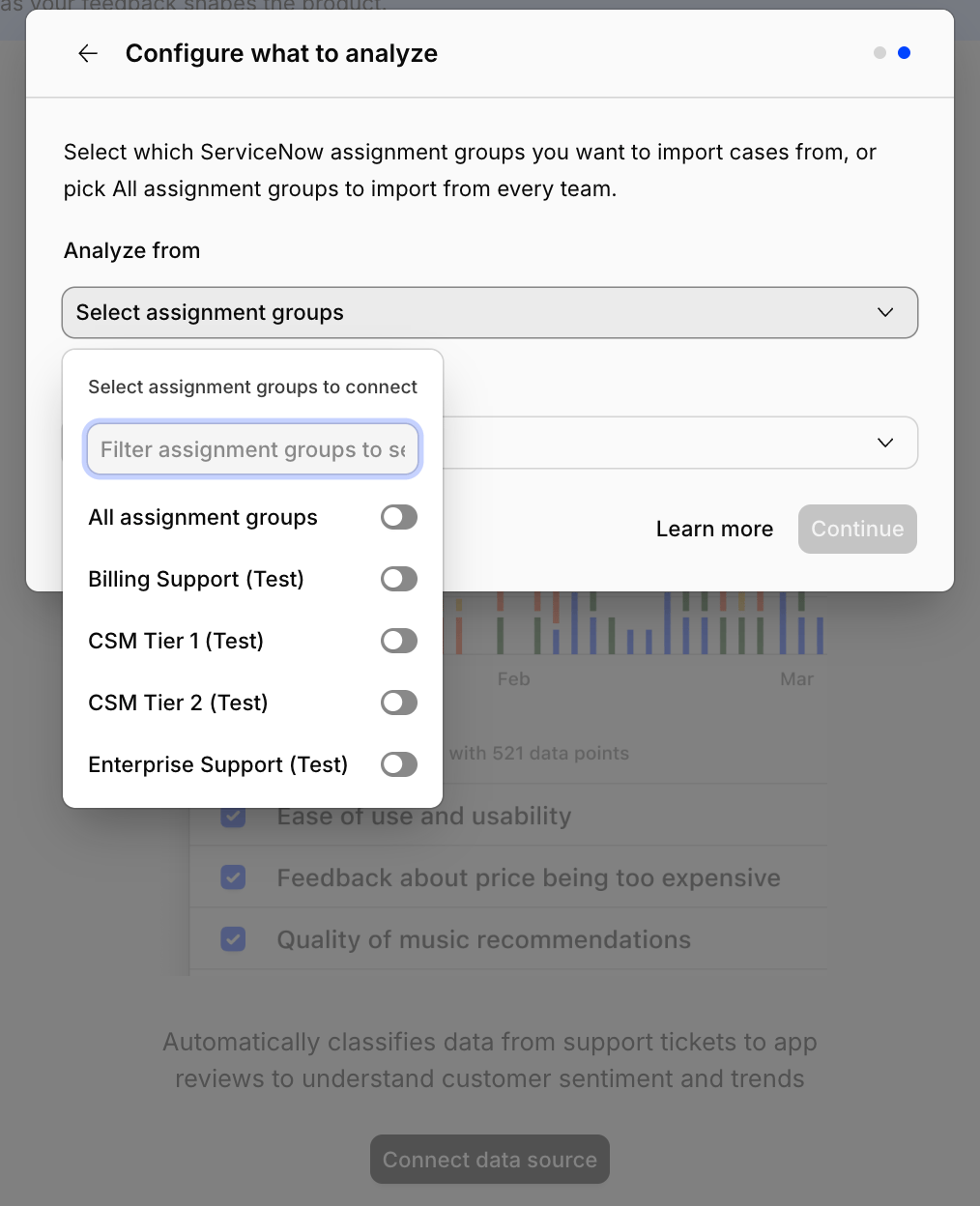 Choosing which ServiceNow cases and time period to import