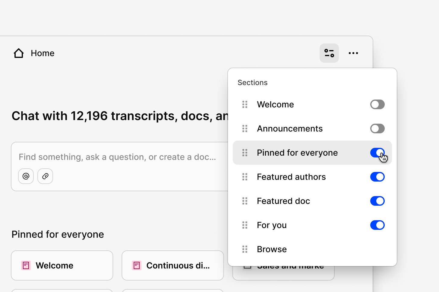 Reordering and toggling Home sections
