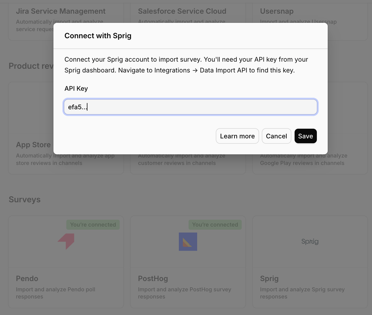 The Connect data source modal with Sprig selected