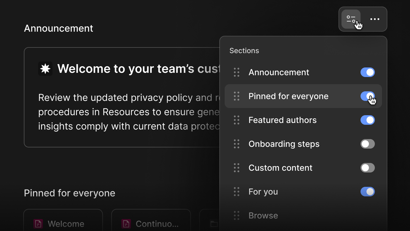 Admins choose which sections appear on a team’s home, from pinned announcements to onboarding steps