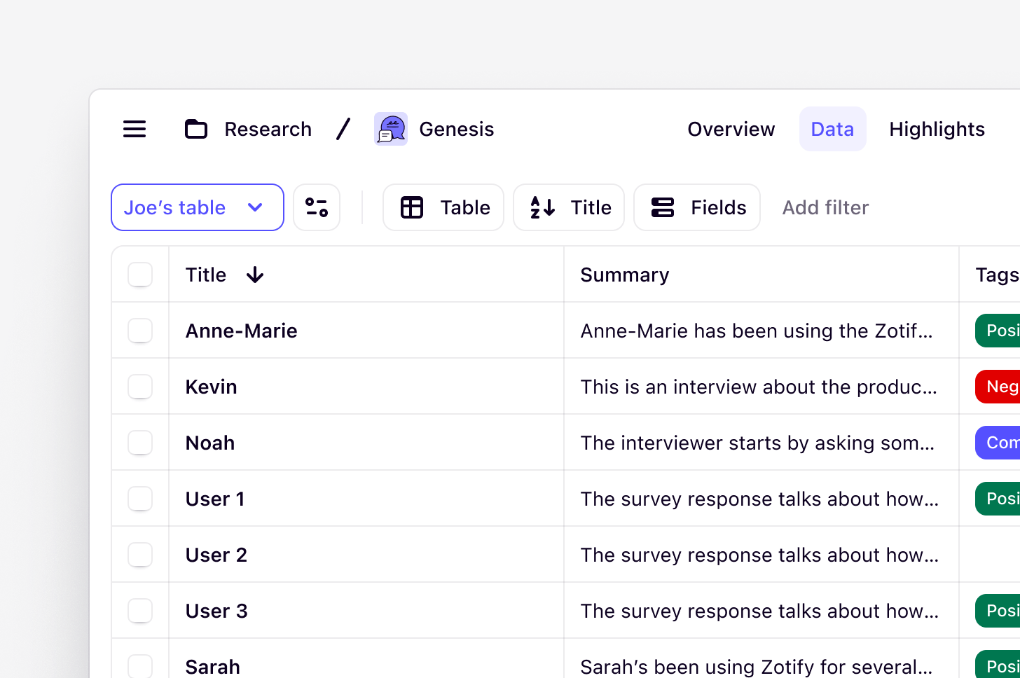 A saved project view filtering and sorting data in a table layout