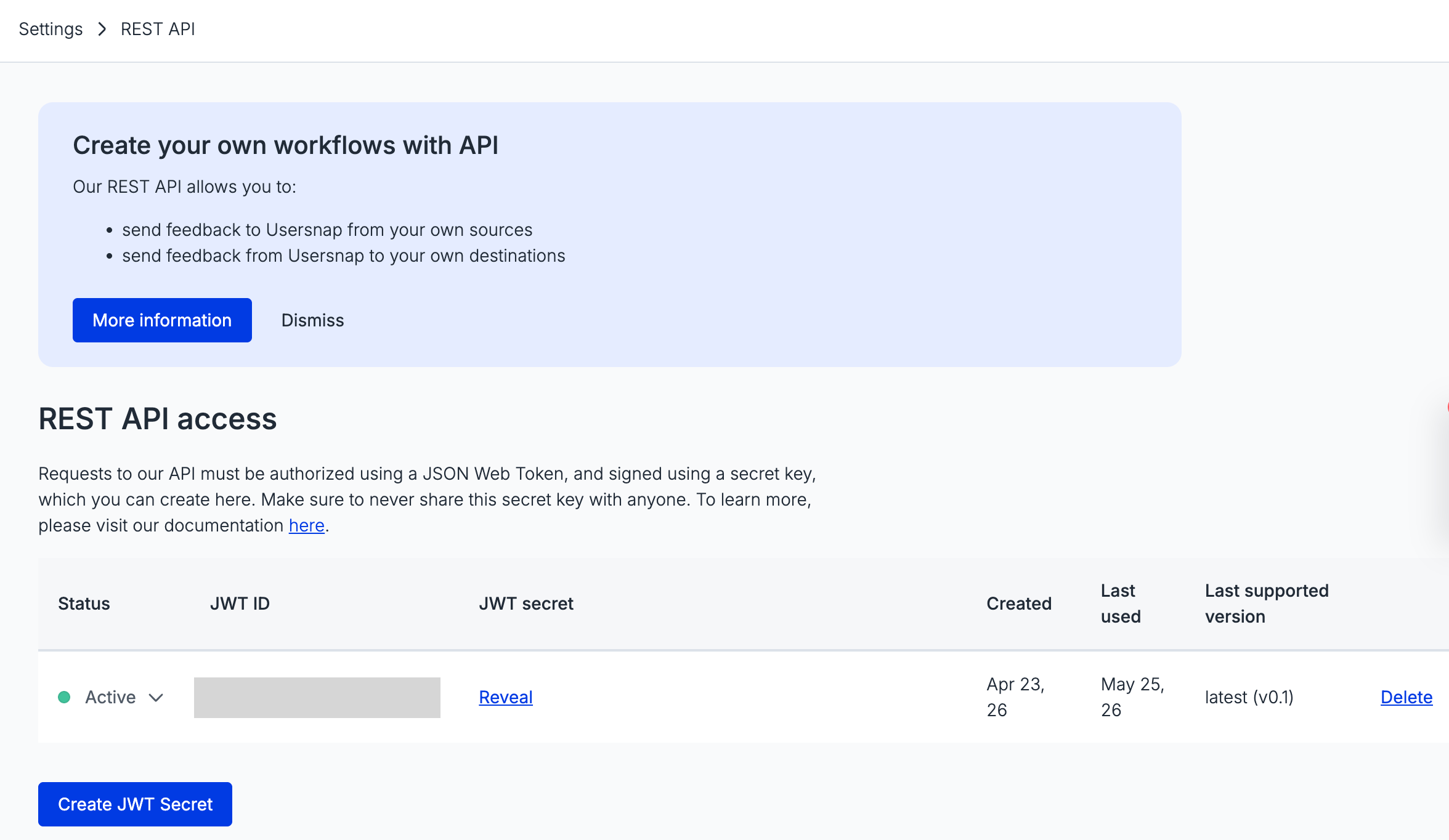Creating a JWT secret in Usersnap project settings