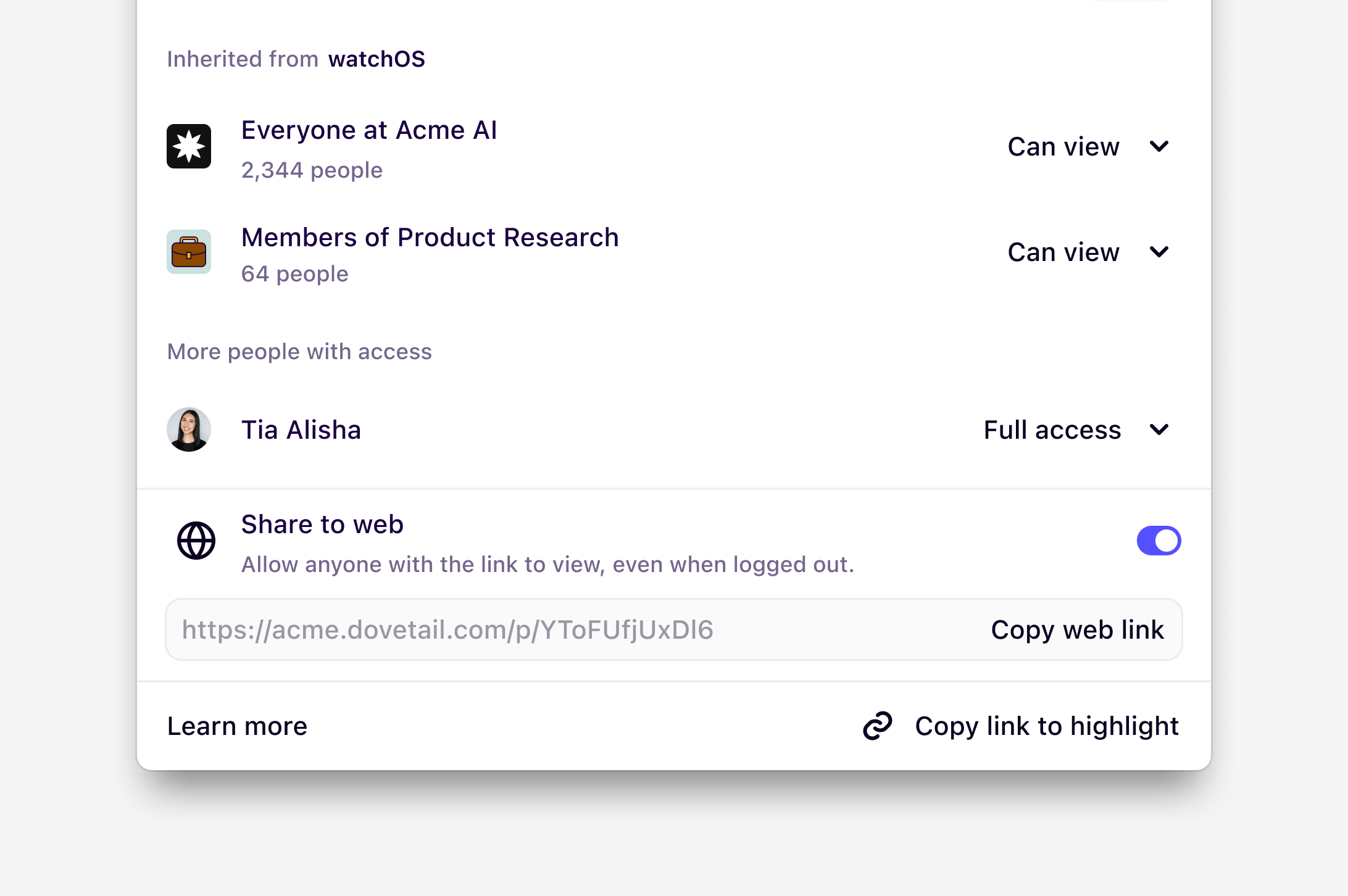 Creating a public web link to share a doc outside the workspace