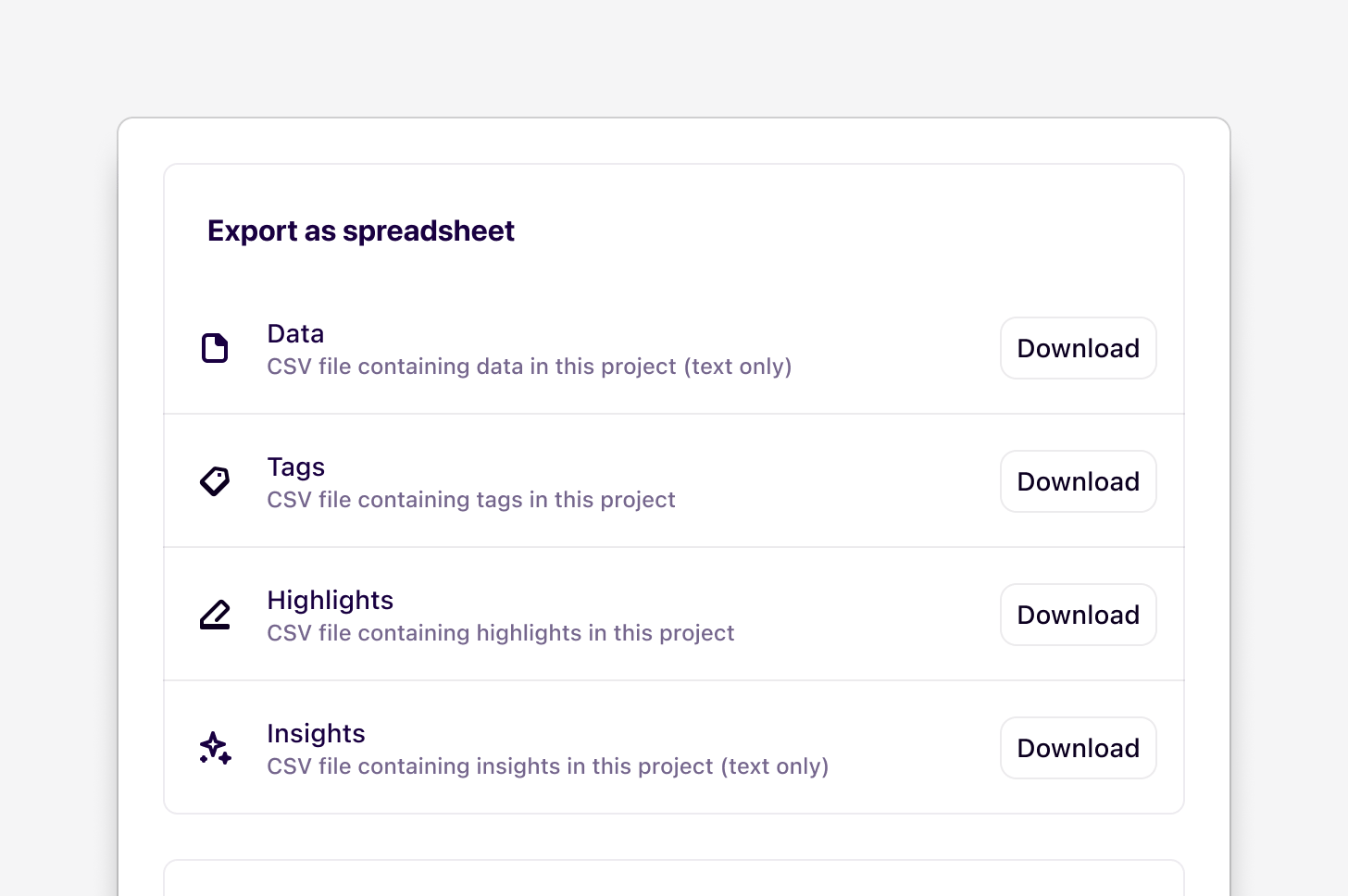 Export options for a project, including video, transcripts, and PDFs