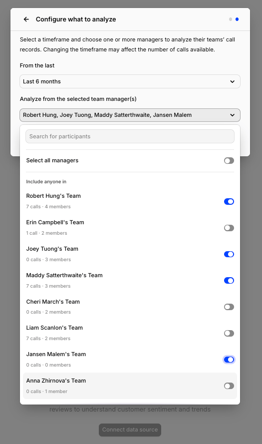 Choosing Gong team managers and a backfill window for a Channel